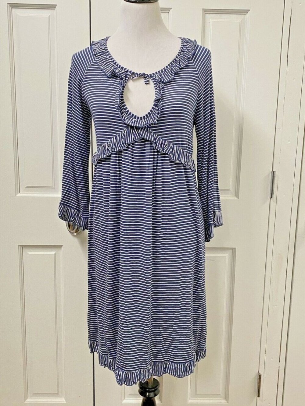 Max Studio Striped Blue T-Shirt Dress Size S Knit Ruffle Hem Nautical Look
